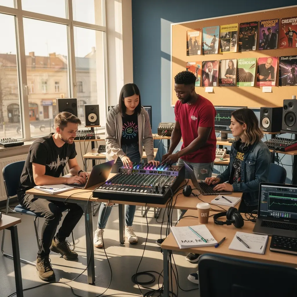 Csoportos oktatás, ahol a diákok együtt tanulnak a zenei produkcióról.