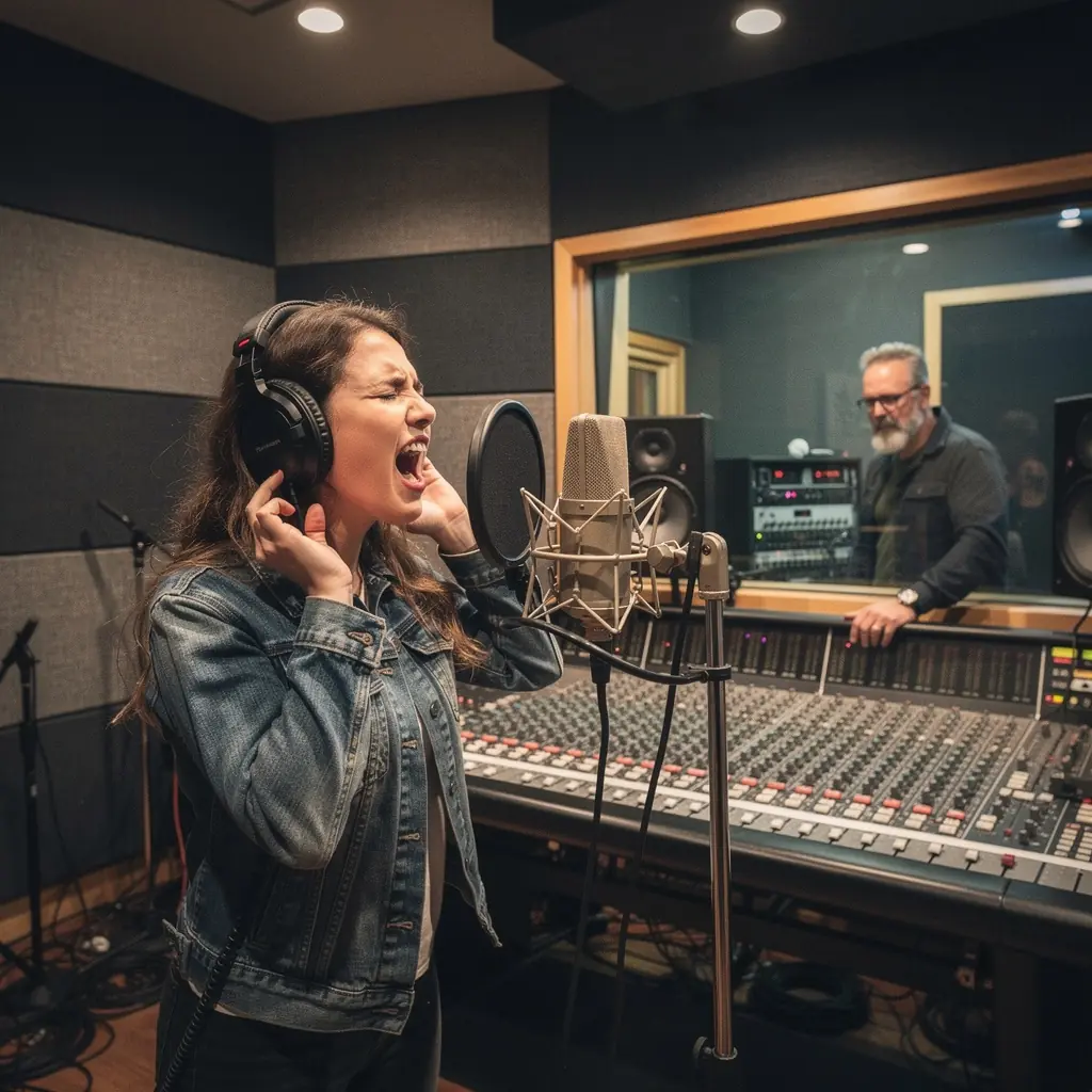 Zenei stúdió berendezései, beleértve a mikrofonokat és a keverőpultokat.