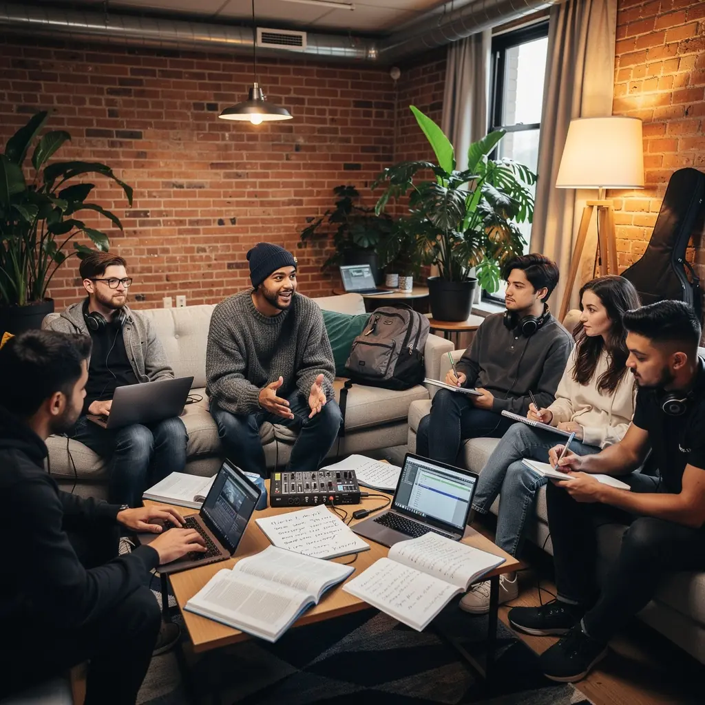 Zenehallgatás közben egy diák, aki a hangsávokat szerkeszti a számítógépén.