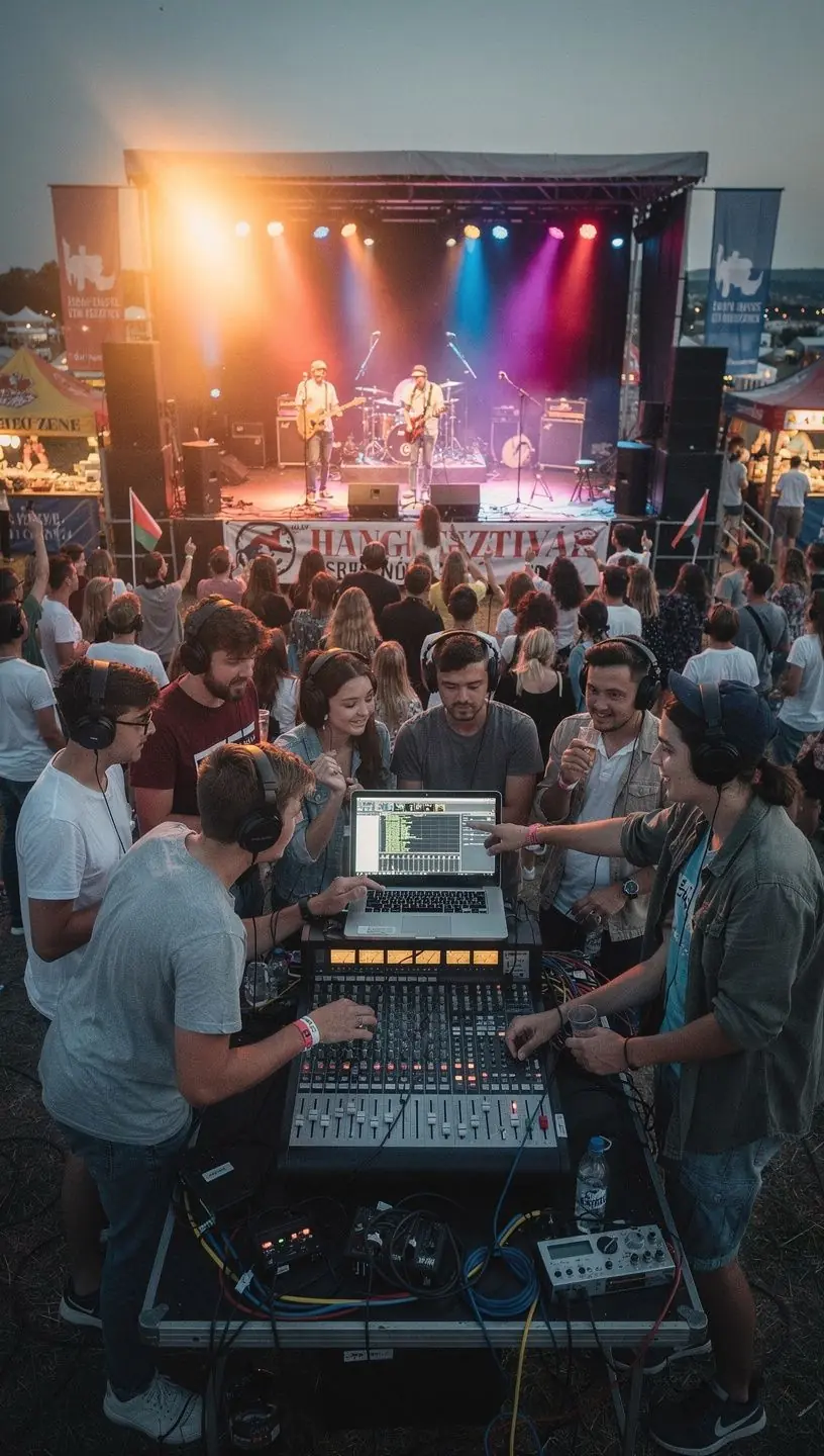 Tanulók egy professzionális stúdióban, miközben zeneszámot készítenek.