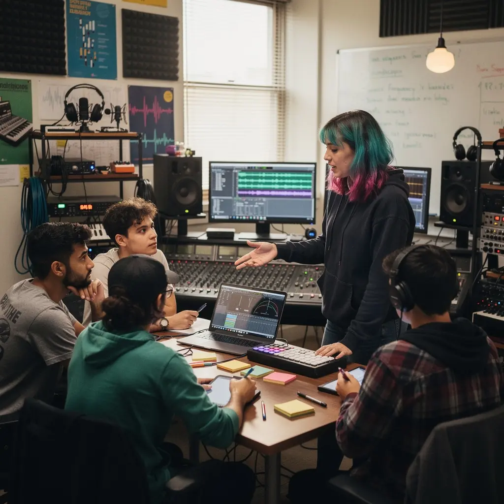 Tanulók egy professzionális stúdióban, miközben zeneszámot készítenek.