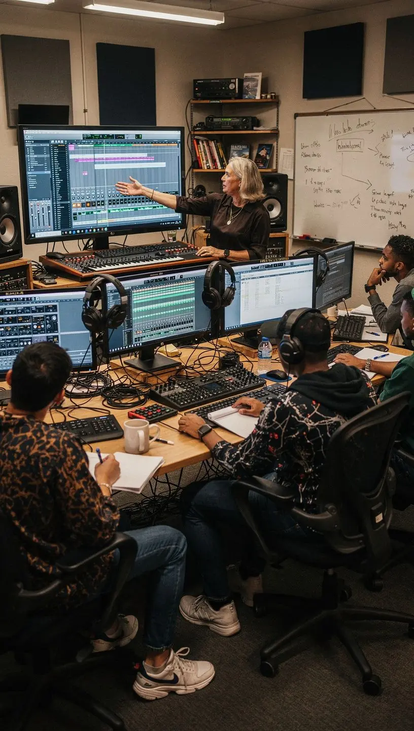 Tanulók egy professzionális stúdióban, miközben zeneszámot készítenek.