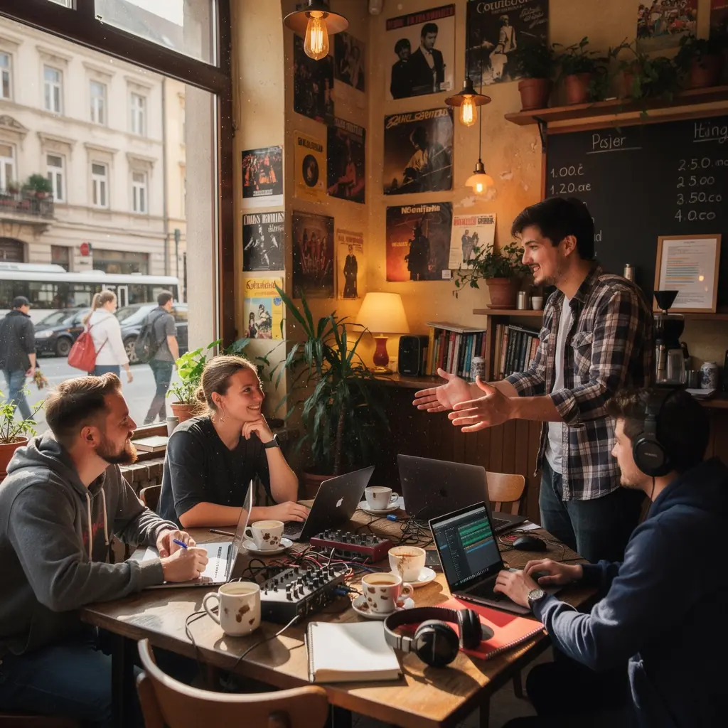 Tanulók egy professzionális stúdióban, miközben zeneszámot készítenek.