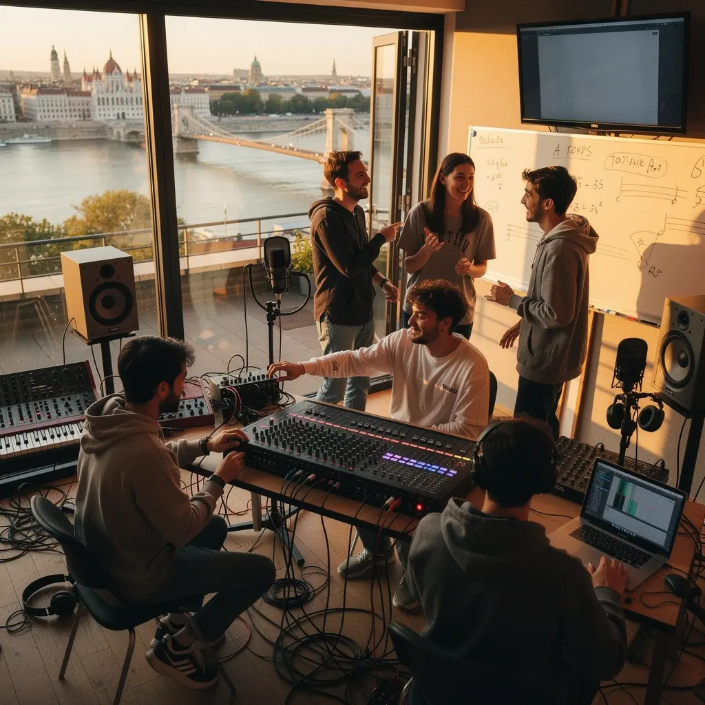 Tanulók egy professzionális stúdióban, miközben zeneszámot készítenek.