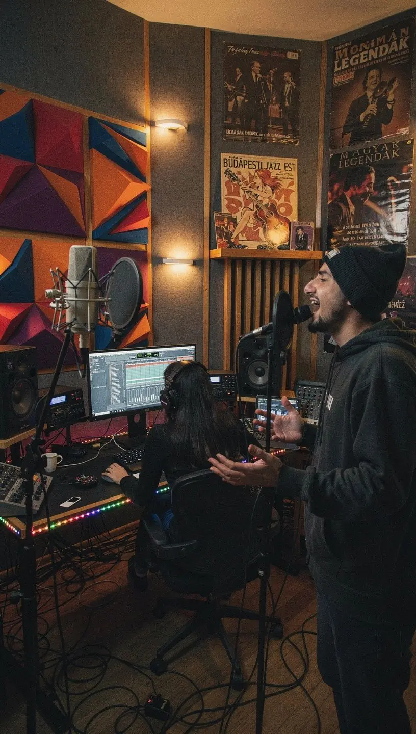 Zenei produkciós stúdió, ahol diákok dolgoznak a hangfelvételen és keverésen.